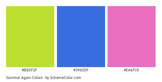 Summer Again - Color scheme palette thumbnail - #BBDF2F #396DDF #EA6FC0 