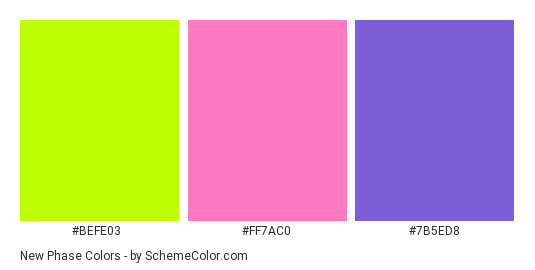 New Phase - Color scheme palette thumbnail - #BEFE03 #FF7AC0 #7B5ED8 