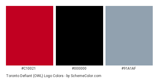 Toronto Defiant (OWL) Logo - Color scheme palette thumbnail - #C10021 #000000 #91A1AF 