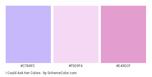 I Could Ask Her - Color scheme palette thumbnail - #C7B8FC #F5D9F4 #E49DCF 
