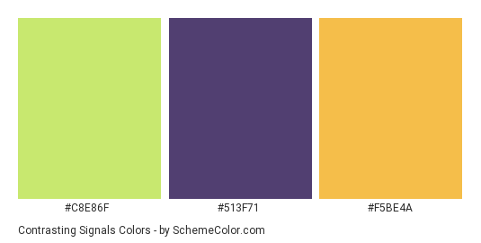 Contrasting Signals - Color scheme palette thumbnail - #C8E86F #513F71 #F5BE4A 