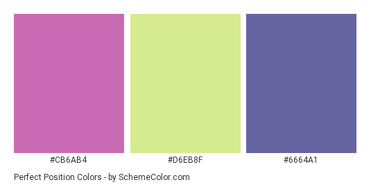 Perfect Position - Color scheme palette thumbnail - #CB6AB4 #D6EB8F #6664A1 