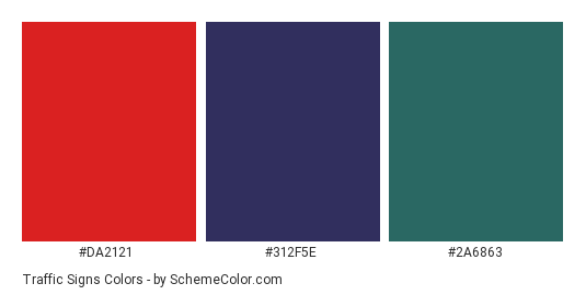 Traffic Signs - Color scheme palette thumbnail - #DA2121 #312F5E #2A6863 