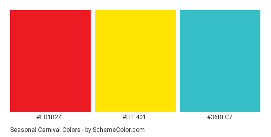 Seasonal Carnival - Color scheme palette thumbnail - #ED1B24 #FFE401 #36BFC7 
