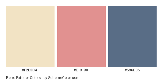 Retro Exterior - Color scheme palette thumbnail - #F2E3C4 #E19190 #596D86 