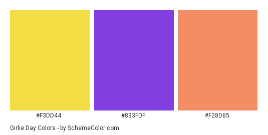 Girlie Day - Color scheme palette thumbnail - #F3DD44 #833FDF #F28D65 