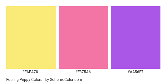 Feeling Peppy - Color scheme palette thumbnail - #FAEA78 #F375A6 #AA56E7 