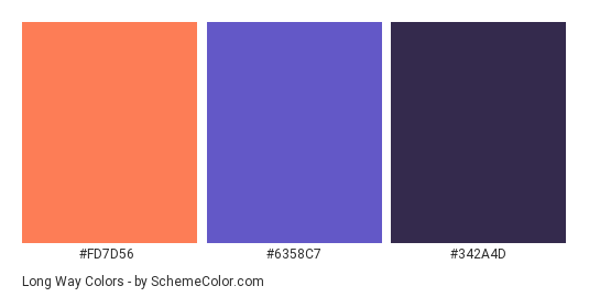 Long Way - Color scheme palette thumbnail - #FD7D56 #6358C7 #342A4D 