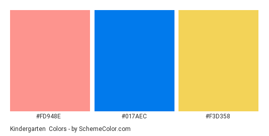 Kindergarten #2 - Color scheme palette thumbnail - #FD948E #017AEC #F3D358 