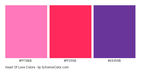 Heart of Love - Color scheme palette thumbnail - #FF78BB #FF295B #69359B 