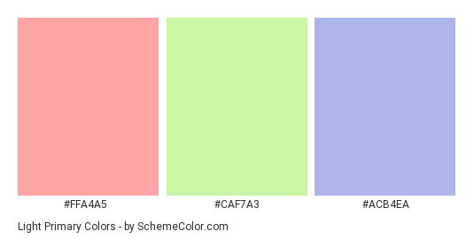 Light Primary - Color scheme palette thumbnail - #FFA4A5 #CAF7A3 #ACB4EA 