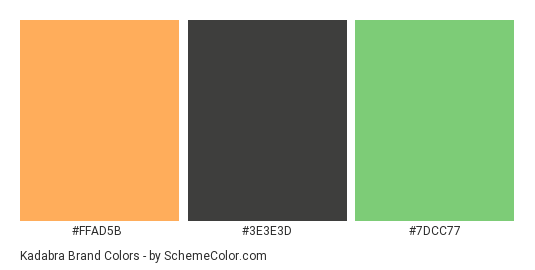 Kadabra Brand - Color scheme palette thumbnail - #FFAD5B #3E3E3D #7DCC77 