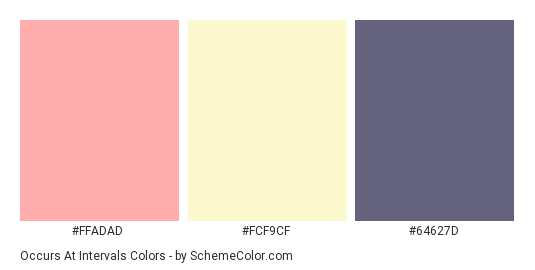 Occurs at Intervals - Color scheme palette thumbnail - #FFADAD #FCF9CF #64627D 