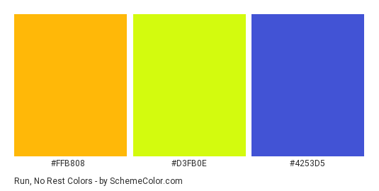Run, No Rest - Color scheme palette thumbnail - #FFB808 #D3FB0E #4253D5 