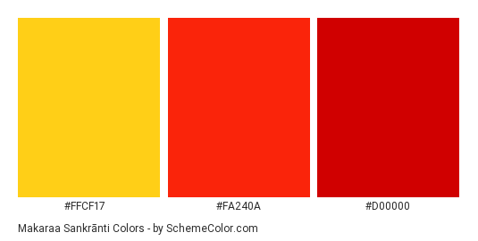 Makaraa Sankrānti - Color scheme palette thumbnail - #FFCF17 #FA240A #D00000 