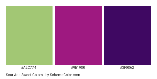 Sour and Sweet - Color scheme palette thumbnail - #a2c774 #9e1980 #3f0862 