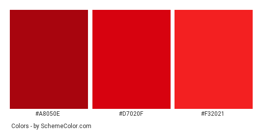 Red Lipstick - Color scheme palette thumbnail - #a8050e #d7020f #f32021 