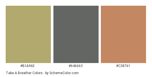 Take a Breather - Color scheme palette thumbnail - #b1a96e #646663 #c38761 