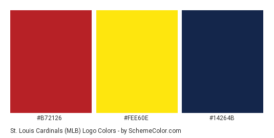 St. Louis Cardinals (MLB) Logo - Color scheme palette thumbnail - #b72126 #fee60e #14264b 