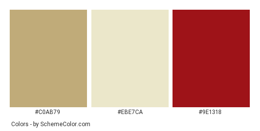 Retro Amplifier - Color scheme palette thumbnail - #c0ab79 #ebe7ca #9e1318 