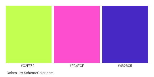 Neon Green, Pink and Purple - Color scheme palette thumbnail - #c2ff50 #fc4ecf #4828c5 