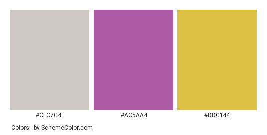 Socks for Autumn - Color scheme palette thumbnail - #cfc7c4 #ac5aa4 #ddc144 