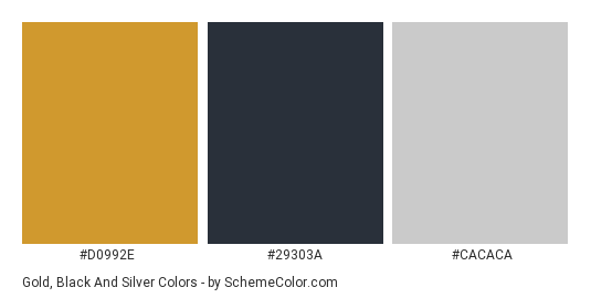 Gold, Black and Silver - Color scheme palette thumbnail - #d0992e #29303a #cacaca 