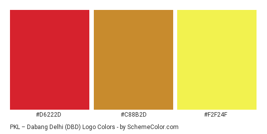 PKL – Dabang Delhi (DBD) Logo - Color scheme palette thumbnail - #d6222d #c88b2d #f2f24f 