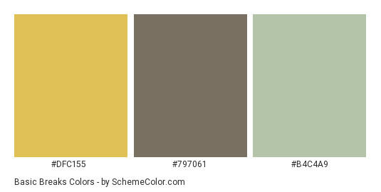Basic Breaks - Color scheme palette thumbnail - #dfc155 #797061 #b4c4a9 