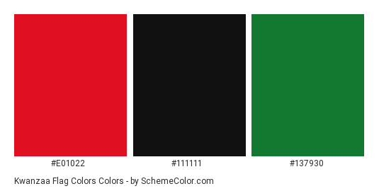 Kwanzaa Flag Colors - Color scheme palette thumbnail - #e01022 #111111 #137930 