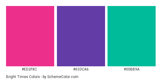 Bright Times - Color scheme palette thumbnail - #ed2f8c #633ca6 #00bb9a 