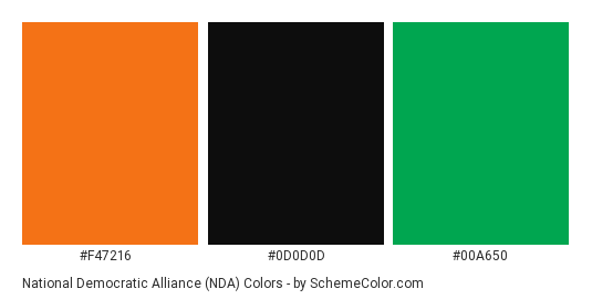 National Democratic Alliance (NDA) - Color scheme palette thumbnail - #f47216 #0d0d0d #00a650 
