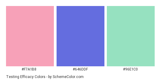 Testing Efficacy - Color scheme palette thumbnail - #f7a1b8 #646ddf #96e1c0 