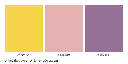 Unhealthy - Color scheme palette thumbnail - #f7d44a #e3b1b0 #957196 