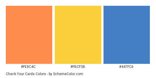Check Your Cards - Color scheme palette thumbnail - #fe8c4c #fbcf3b #447fc6 