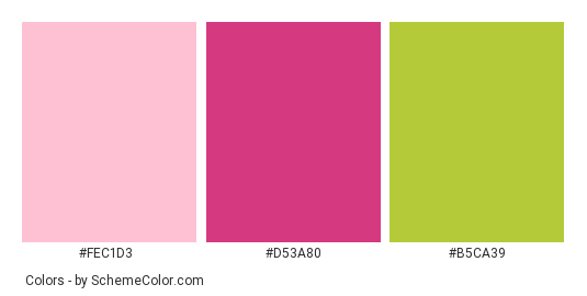 Beautiful Soaps - Color scheme palette thumbnail - #fec1d3 #d53a80 #b5ca39 