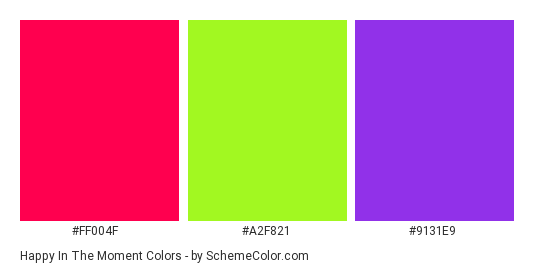 Happy in the Moment - Color scheme palette thumbnail - #ff004f #a2f821 #9131e9 