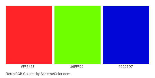 Retro RGB - Color scheme palette thumbnail - #ff2428 #6fff00 #0007d7 