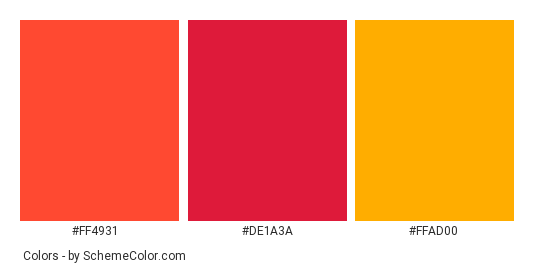 Bright Beach Umbrella - Color scheme palette thumbnail - #ff4931 #de1a3a #ffad00 