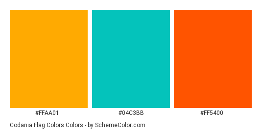 Codania Flag Colors - Color scheme palette thumbnail - #ffaa01 #04c3bb #ff5400 