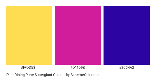 IPL – Rising Pune Supergiant - Color scheme palette thumbnail - #ffdd53 #d11d9b #2c04a2 