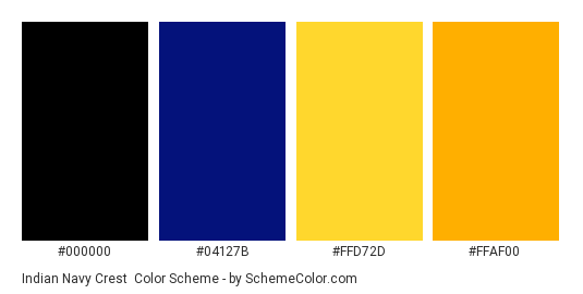 Indian Navy Crest - Color scheme palette thumbnail - #000000 #04127b #ffd72d #ffaf00 
