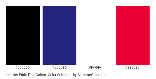 Leather Pride Flag Colors - Color scheme palette thumbnail - #000000 #252580 #FFFFFF #E80035 