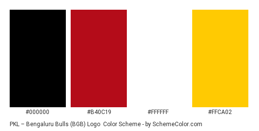 PKL – Bengaluru Bulls (BGB) Logo - Color scheme palette thumbnail - #000000 #B40C19 #FFFFFF #FFCA02 
