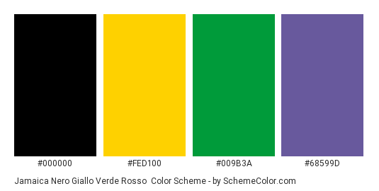 Jamaica Nero Giallo Verde Rosso - Color scheme palette thumbnail - #000000 #FED100 #009B3A #68599d 