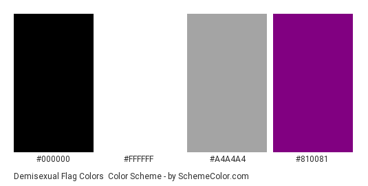 Demisexual Flag Colors - Color scheme palette thumbnail - #000000 #FFFFFF #A4A4A4 #810081 