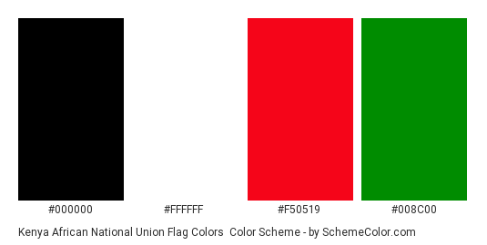 Kenya African National Union Flag Colors - Color scheme palette thumbnail - #000000 #FFFFFF #f50519 #008c00 