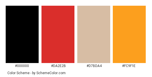 Match Flame - Color scheme palette thumbnail - #000000 #da2e2b #d7bda4 #fc9f1e 