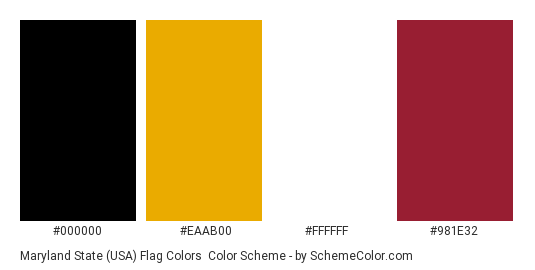 Maryland State (USA) Flag Colors - Color scheme palette thumbnail - #000000 #eaab00 #ffffff #981e32 