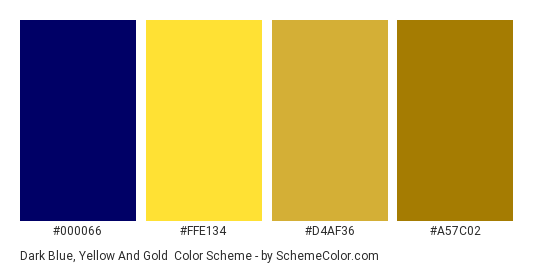 Dark Blue, Yellow and Gold - Color scheme palette thumbnail - #000066 #FFE134 #D4AF36 #A57C02 
